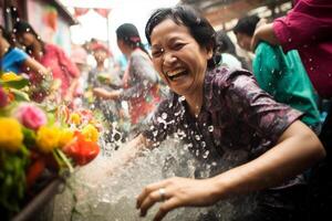 ai generado tailandés mujer jugando agua en Songkran festival bokeh estilo antecedentes con generativo ai foto