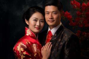 AI generated chinese couple in traditional clothes with generative ai photo