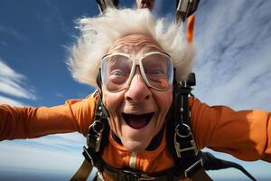 AI generated an old woman taking a selfie while skydiving with Generated AI photo