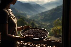 ai generado un mujer participación un madera bandeja de café frijoles en frente de naturaleza antecedentes bokeh estilo antecedentes con generativo ai foto