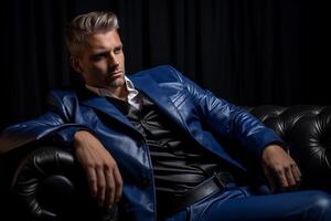 AI generated businessman model wearing blue suit sitting on the chair with Generated AI photo