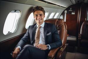 AI generated businessman sitting on private jet bokeh style background with Generated AI photo