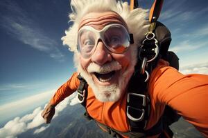 AI generated an old man taking a selfie while skydiving with Generated AI photo