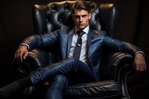 AI generated businessman model wearing blue suit sitting on the chair with Generated AI photo