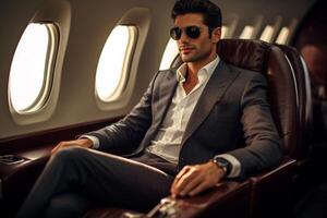 AI generated businessman sitting on private jet bokeh style background with Generated AI photo