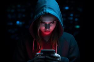 AI generated female hacker hacking from phone with generative ai photo