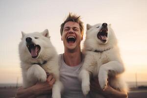 ai generado joven hombre riendo con dos perros esquimales perros con generativo ai foto