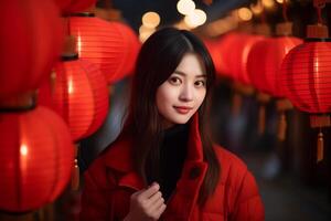 AI generated beautiful chinese woman celebrate at chinese lantern festival bokeh style background with generative ai photo