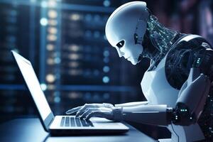 AI generated robot working with laptop bokeh style background with generative ai photo