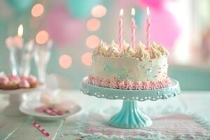 AI generated pastel birthday cake bokeh style background with generative ai photo