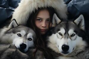 AI generated young woman hugging with her huskies dog with generative ai photo