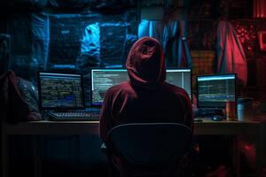 AI generated a male programmer working with laptop in his work room with generative ai photo