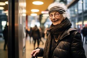 AI generated an old woman using an atm machine bokeh style background with generative ai photo