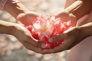 AI generated hands holding flower together with generative ai photo