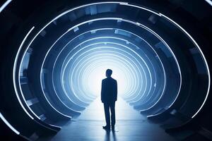 AI generated a businessman standing in front of an illuminated tunnel with generative ai photo