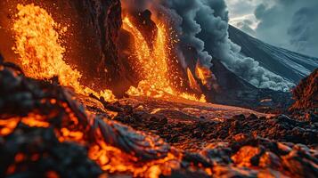 ai generado apocalíptico visión de un volcán en erupción foto