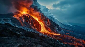 ai generado apocalíptico visión de un volcán en erupción foto