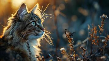 AI generated A portrait of an adorable fluffy kitten, butterfly resting on its nose, emerald eyes focused photo