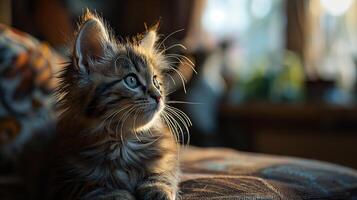 ai generado un retrato de un adorable mullido gatito, mariposa descansando en sus nariz, Esmeralda ojos enfocado foto