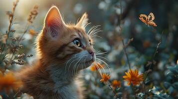 ai generado un retrato de un adorable mullido gatito, mariposa descansando en sus nariz, Esmeralda ojos enfocado foto