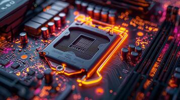 ai generado alta resolución, macro Disparo de un computadora chip, enfatizando intrincado circuito detalles foto