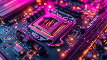 ai generado alta resolución, macro Disparo de un computadora chip, enfatizando intrincado circuito detalles foto