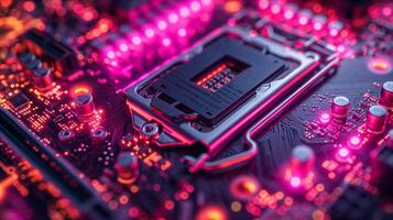 ai generado alta resolución, macro Disparo de un computadora chip, enfatizando intrincado circuito detalles foto