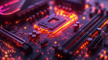 ai generado alta resolución, macro Disparo de un computadora chip, enfatizando intrincado circuito detalles foto