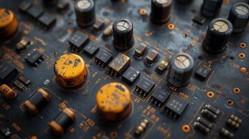 AI generated High-resolution, macro shot of a computer chip, emphasizing intricate circuit details photo
