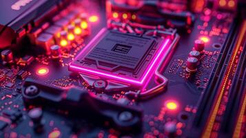 ai generado alta resolución, macro Disparo de un computadora chip, enfatizando intrincado circuito detalles foto