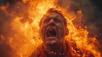 AI generated A close-up photograph of a fireman yelling, face contorted in fury and sorrow, against a backdrop of fierce flames consuming a structure. photo