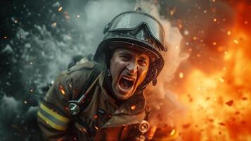 AI generated A close-up photograph of a fireman yelling, face contorted in fury and sorrow, against a backdrop of fierce flames consuming a structure. photo