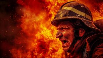 ai generado un de cerca fotografía de un bombero gritos, cara contorsionado en furia y pena, en contra un fondo de feroz llamas consumidor un estructura. foto