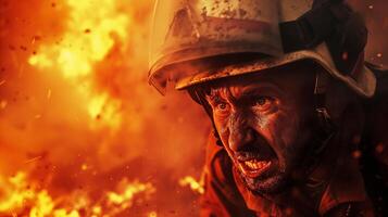 AI generated A close-up photograph of a fireman yelling, face contorted in fury and sorrow, against a backdrop of fierce flames consuming a structure. photo