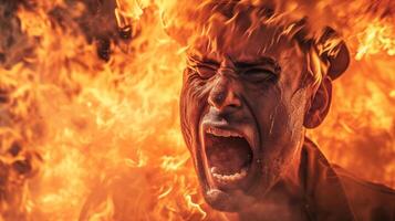 AI generated A close-up photograph of a fireman yelling, face contorted in fury and sorrow, against a backdrop of fierce flames consuming a structure. photo