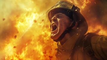 AI generated A close-up photograph of a fireman yelling, face contorted in fury and sorrow, against a backdrop of fierce flames consuming a structure. photo