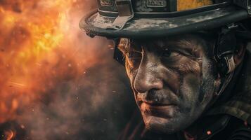 ai generado un de cerca fotografía de un bombero gritos, cara contorsionado en furia y pena, en contra un fondo de feroz llamas consumidor un estructura. foto