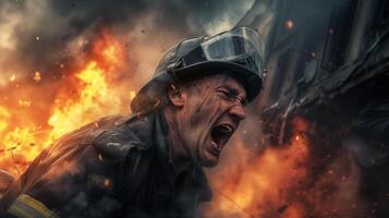 AI generated A close-up photograph of a fireman yelling, face contorted in fury and sorrow, against a backdrop of fierce flames consuming a structure. photo