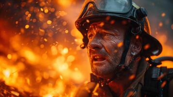 AI generated A close-up photograph of a fireman yelling, face contorted in fury and sorrow, against a backdrop of fierce flames consuming a structure. photo