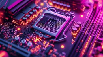 ai generado alta resolución, macro Disparo de un computadora chip, enfatizando intrincado circuito detalles foto