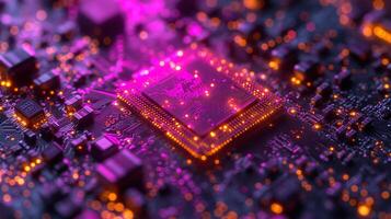 ai generado alta resolución, macro Disparo de un computadora chip, enfatizando intrincado circuito detalles foto