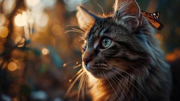 AI generated A portrait of an adorable fluffy kitten, butterfly resting on its nose, emerald eyes focused photo
