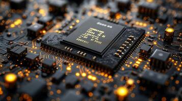 ai generado alta resolución, macro Disparo de un computadora chip, enfatizando intrincado circuito detalles foto