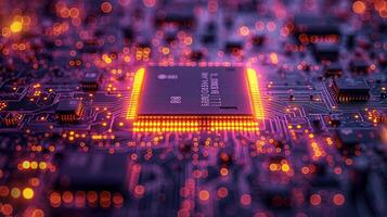 ai generado alta resolución, macro Disparo de un computadora chip, enfatizando intrincado circuito detalles foto