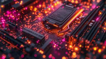 ai generado alta resolución, macro Disparo de un computadora chip, enfatizando intrincado circuito detalles foto