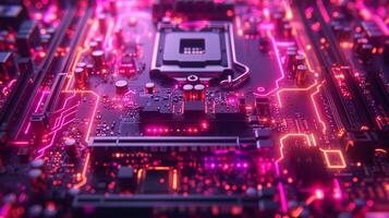 ai generado alta resolución, macro Disparo de un computadora chip, enfatizando intrincado circuito detalles foto