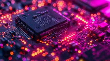 ai generado alta resolución, macro Disparo de un computadora chip, enfatizando intrincado circuito detalles foto