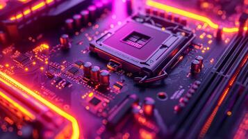 ai generado alta resolución, macro Disparo de un computadora chip, enfatizando intrincado circuito detalles foto