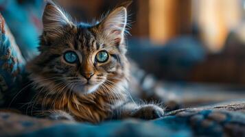 AI generated A portrait of an adorable fluffy kitten, butterfly resting on its nose, emerald eyes focused photo