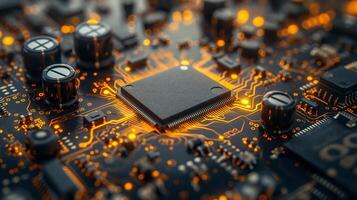 ai generado alta resolución, macro Disparo de un computadora chip, enfatizando intrincado circuito detalles foto